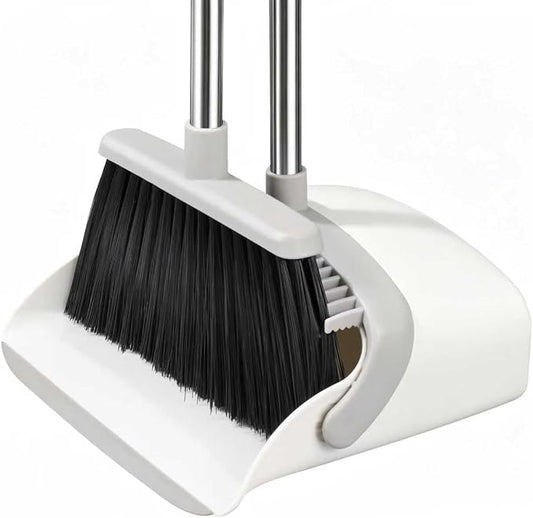 Broom with Dustpan Combo Set, Hand Broom and Dustpan Set for Sweeping Indoor Angle Broom for Home Office Kitchen Lobby Floor Pet Hair Indoor&Outdoor Cleaning (White&Gray)