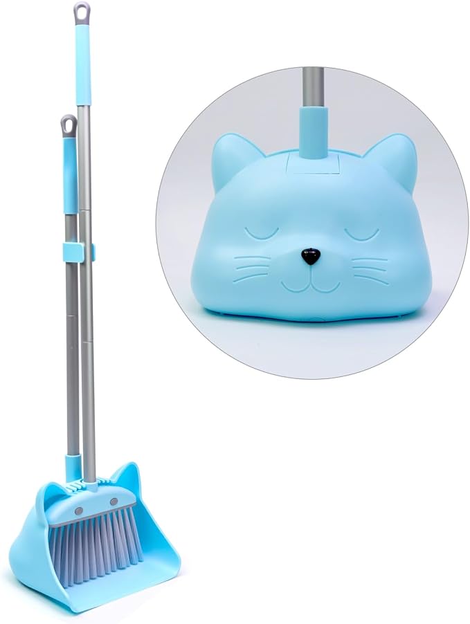 28'' Kids Mini Broom and Dustpan Set - Toddler Cleaning Toy, Toddler Household Helper, Parent-Child Interactive Play Cleaning Tool, Cute Cartoon Design, Small Safe Corner Broom (Blue)