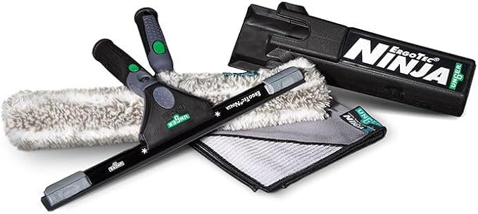 UNGER ErgoTec Ninja Kit 4-in-1: Squeegee, Scrubber, Holder, Cloth | Professional indoor/outdoor window cleaning; WNK12 advanced kit; complete 4-piece system