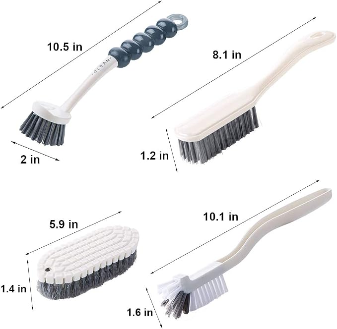 Dish Brush Set 4 Pack with Handle, Stiff Bristle Kitchen Scrub Brushes, Multi-Purpose Cleaning Brushes for Dishes, Pots, Sinks, Bottles, Grout Lines & Bathroom Surfaces