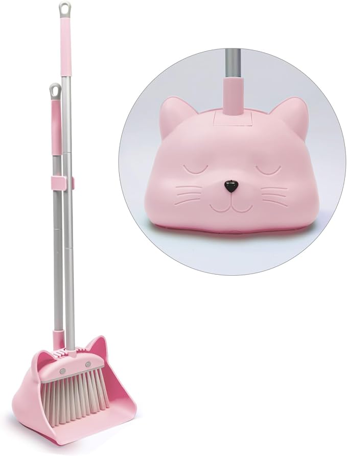 28'' Kids Mini Broom and Dustpan Set - Toddler Cleaning Toy, Toddler Household Helper, Parent-Child Interactive Play Cleaning Tool, Cute Cartoon Design, Small Safe Corner Broom (Pink)