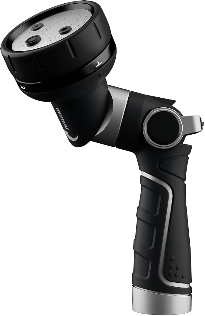 RESTMO Heavy Duty Garden Hose Nozzle, Multi-Angle Hose Spray Nozzle | 4 Adjustable Spray Patterns, Garden Hose Sprayer with Twist Switch, Thumb Flow Control, Ideal for Outdoor Lawn & Yard, Black