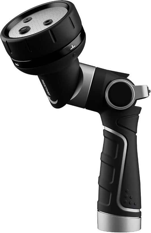 RESTMO Heavy Duty Garden Hose Nozzle, Multi-Angle Hose Spray Nozzle | 4 Adjustable Spray Patterns, Garden Hose Sprayer with Twist Switch, Thumb Flow Control, Ideal for Outdoor Lawn & Yard, Black