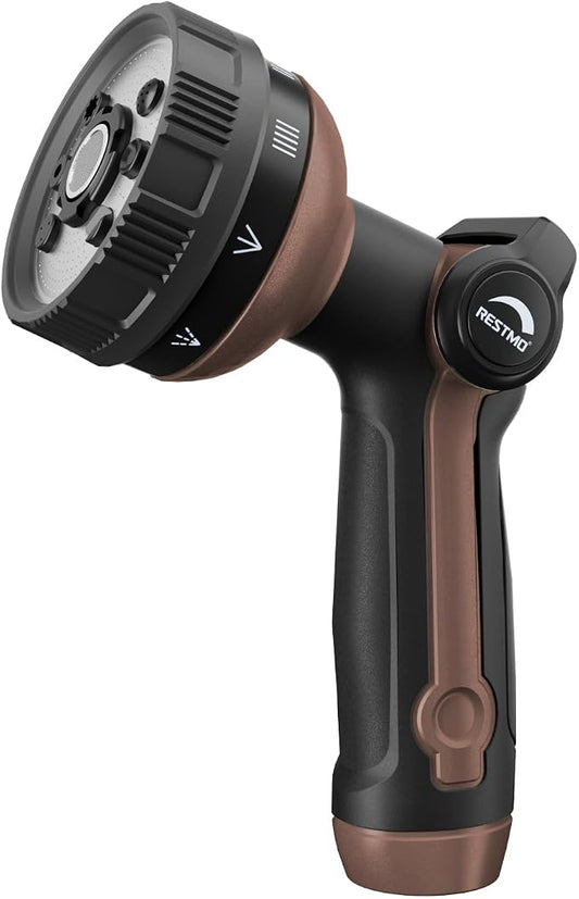 RESTMO Garden Hose Nozzle Heavy Duty, Metal Sprayer Nozzle Thumb Control | 8 Spray Patterns Full Shower Water Hose nozzle for Garden Hose, Ideal for Lawn & Plant Watering, Car & Pet Washing, Brown