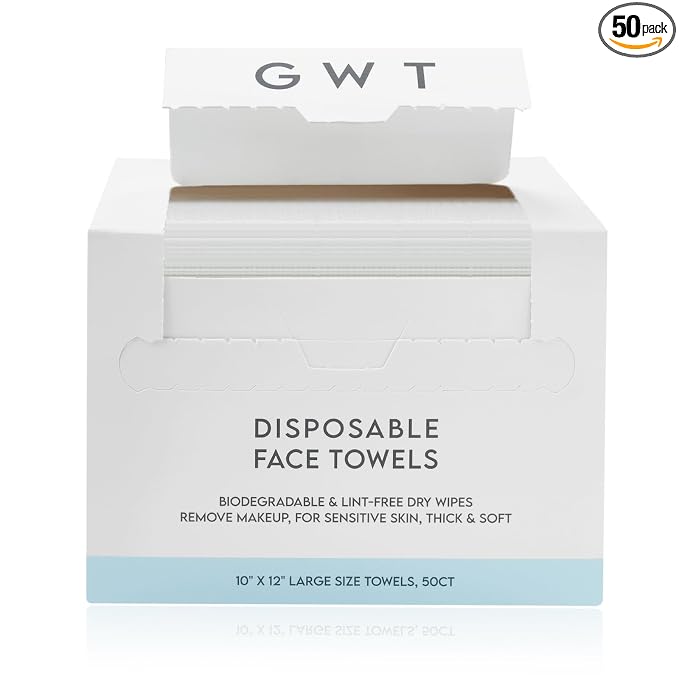 GWT XL Disposable Fragrance-Free Face Towels, 50 Count, 1 Pack | Lint-free, Makeup remover & cleanser, Biodegradable, Dry Wipes, Wet or Dry Use, Sensitive Skin