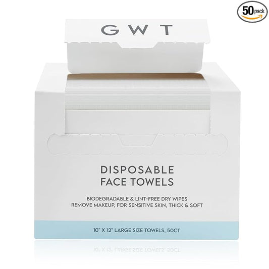 GWT XL Disposable Fragrance-Free Face Towels, 50 Count, 1 Pack | Lint-free, Makeup remover & cleanser, Biodegradable, Dry Wipes, Wet or Dry Use, Sensitive Skin