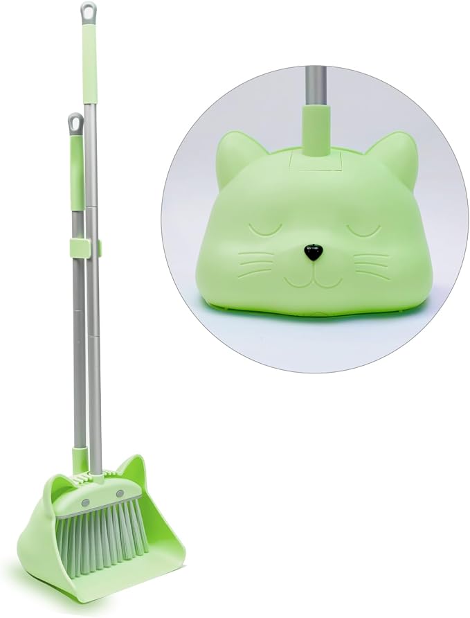 28'' Kids Mini Broom and Dustpan Set - Toddler Cleaning Toy, Toddler Household Helper, Parent-Child Interactive Play Cleaning Tool, Cute Cartoon Design, Small Safe Corner Broom (Green)