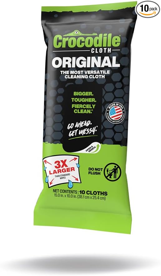 Crocodile Cloth Original Cleaning Wipes, Heavy-Duty Multi-Surface Hand & Tool Wipes, Water-Based, Safe on Skin, 10 Count, 15 x 10 Inch