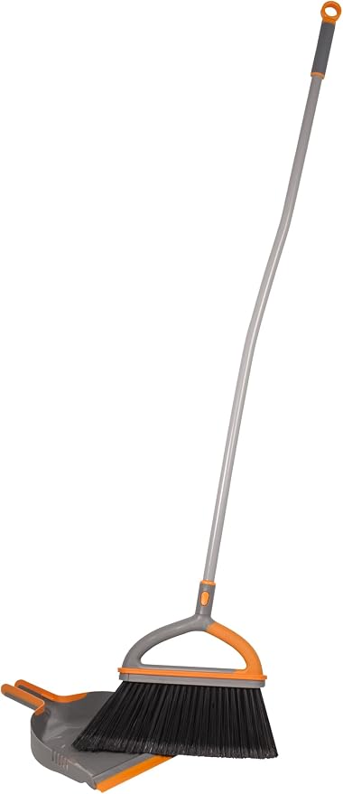 Casabella Ergo Broom & Dustpan Set Angled Broom with Replaceable Bristle Head & Hang Loop, 54-Inch, Gray