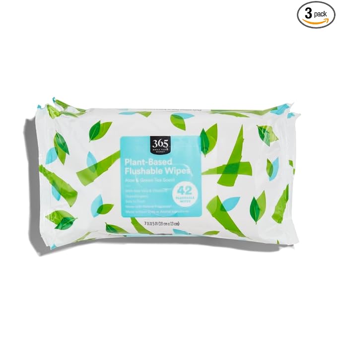 365 by Whole Foods Market, Plant-Based Flushable Wipes, Aloe & Green Tea Scent, 42 Count (Pack of 3)
