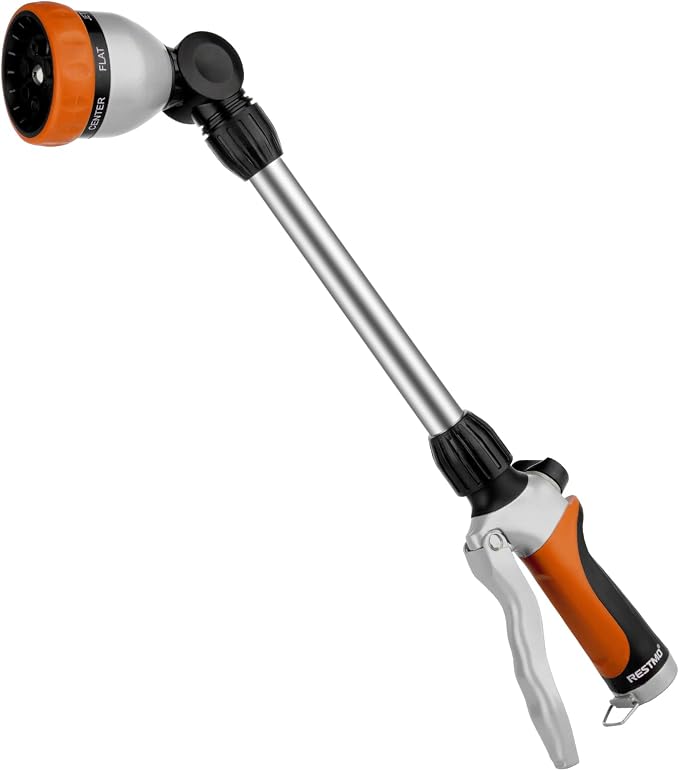 RESTMO Heavy Duty Metal Hose Wand, Watering Wand for Garden Hose | 180° Swivel Ratcheting Head, 16'' Hose Sprayer, 7 Spray Patterns, Flow Control, Ideal for Hanging Baskets & Shrubs, Orange