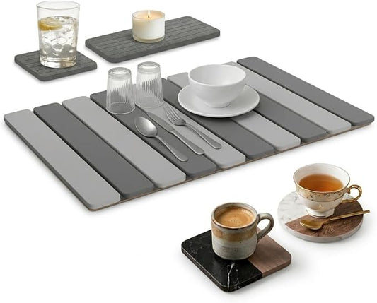 5 Pcs - Large Stone Dish Drying Mat for Kitchen Counter, Foldable Quick Dry Stone Dish Mat, Diatomaceous Earth Water Absorbing Pad 24"×16" & 2*8"x4" with 2 Coasters (Dark Grey + Grey)