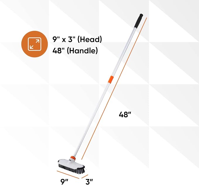 Superio Deck Scrub Brush with Long Handle, Heavy Duty Stiff Bristles Grout Scrubber with Scraper - Cleans Hot Tub, Swimming Pool, Granite Tiles, Bathroom, Patio, Kitchen, Wall and Deck (48 Inches)