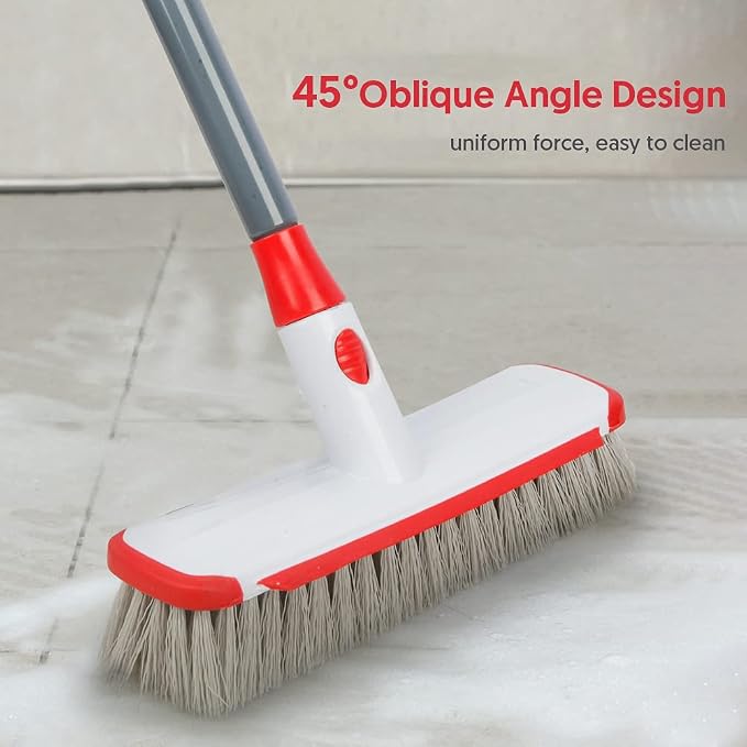 Floor Scrub Brush with Long Handle, Scrubbing Brush Squeegee Broom for Cleaning, 2 in1 Stiff Bristle Shower Scrubber Floor Squeegee for Pool Wall Tile(White)