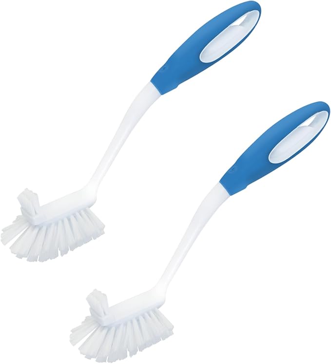 LOLA Pro Utility All Purpose Kitchen Cleaning Brush, 2 Pack, Durable Bristles, Comfort Ergonomic Rubber Non-Slip Grip, Built-in Food Scraper