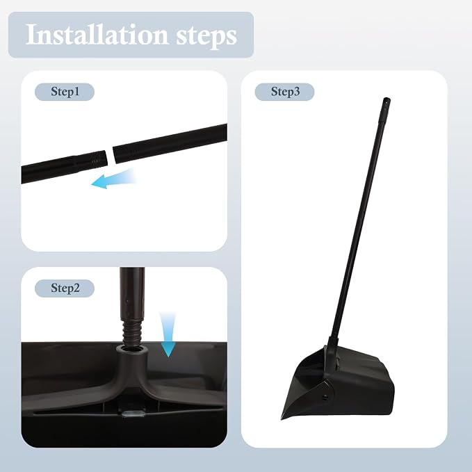 Pivoting Upright Dust Pan with Long Handle and Wheels, Large Capacity, Heavy Duty Commercial Dustpan for Indoor Outdoor, Standing Dust Pan for Home and Restaurant Cleaning, Black