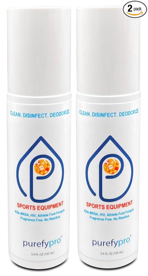 Purefypro Sports Equipment Disinfectant Spray - (3.4oz, 2pk) TSA Travel Size. Kills 99.9999% MRSA, HIV, Athlete Foot Fungus, Virus and Fungi. No Rinse, No Residue. Great For Sports Pads, Yoga Mats,