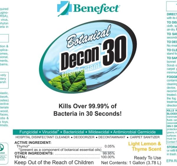 Benefect Botanical Decon 30 Disinfectant Cleaner - All Natural Formula for Effective Cleaning Power - Ideal for Restoration Jobs & Water Damage - 20476 - 1 Gallon