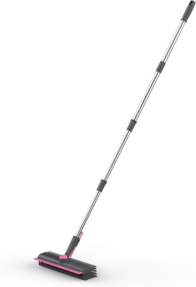 AIR U+ Floor Scrub Brush with Long Handle, 3-in-1 Rotating Head & Squeegee | Stiff Dual-Sided Bristles for Shower, Bathroom, Kitchen and Patio, 30–50 In Handle for Easier Stand-Up Cleaning, Gray & Pink