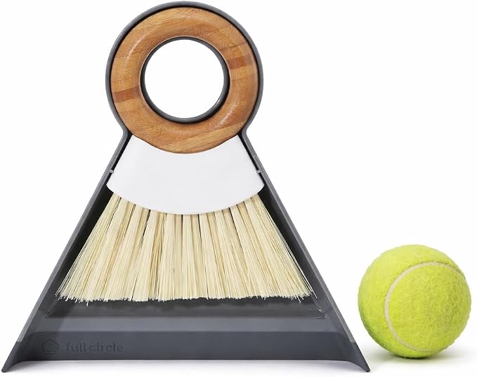 Full Circle Tiny Team Mini Compact Brush & Dustpan Set, Portable Handheld Broom for Quick Cleanups, Ideal for Home, Bathroom, Kitchen Countertops. Bamboo Hand Broom & Small Crumb Sweeper, White