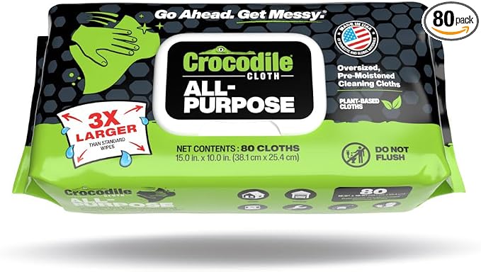 Crocodile Cloth All-Purpose Cleaning Wipes – 80 Count, 15"x10" Extra Large Plant-Based Disposable Cloths – Moist, Absorbent, Safe on Skin, Multi-Surface Use
