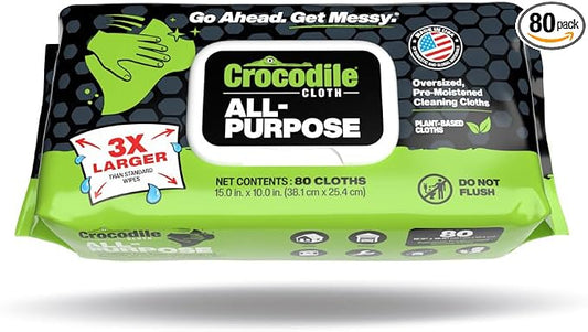 Crocodile Cloth All-Purpose Cleaning Wipes – 80 Count, 15"x10" Extra Large Plant-Based Disposable Cloths – Moist, Absorbent, Safe on Skin, Multi-Surface Use