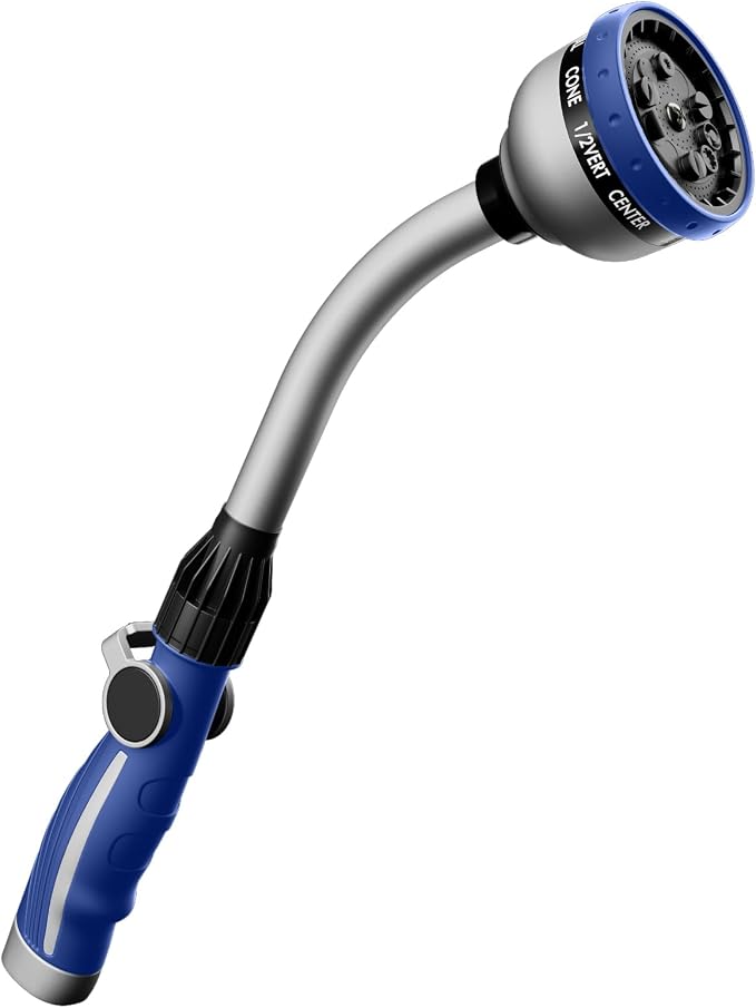 RESTMO Watering Wand Heavy Duty, 15-Inch Long Hose Nozzle Sprayer | 10 Spray Patterns & Thumb Flow Control, Metal Garden Hose Wand for Water Hanging Baskets and Shrubs, Blue