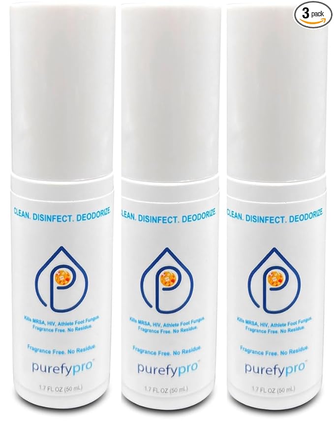 Purefypro Sports Equipment Disinfectant Spray - (1.7oz, 3pk) TSA Travel Size. Kills 99.9999% MRSA, HIV, Athlete Foot Fungus, Virus and Fungi. No Rinse, No Residue. Great For Sports Pads, Yoga Mats,