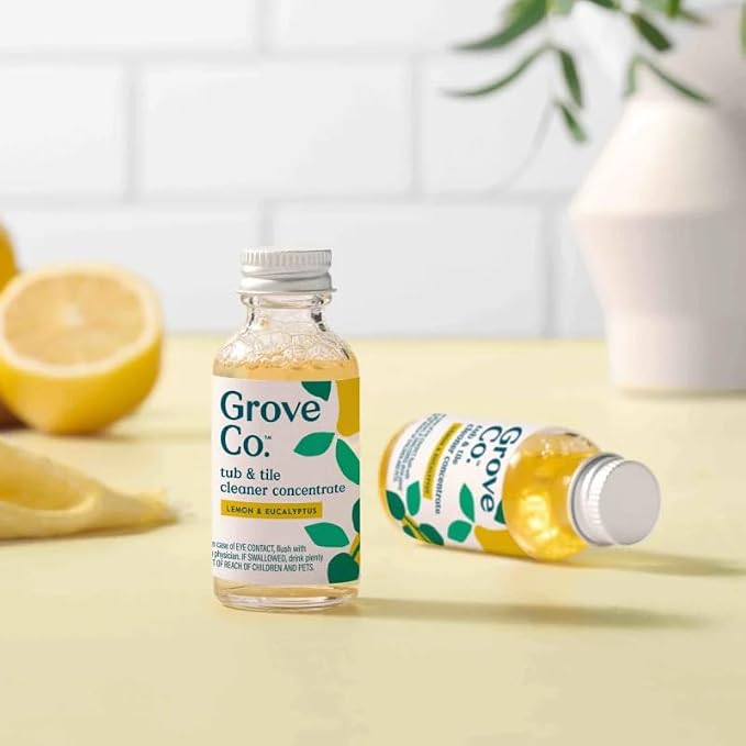 Grove Co. Tub and Tile Cleaner Concentrate, 2 x 1 fl oz Refills | Lemon & Eucalyptus; Removes Soap Scum; No Plastic Waste; Plant-Based; Refill format; No Harsh Chemicals