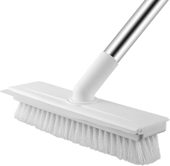 2 in 1 Floor Scrub Brush with Long Handle, White | Scrape Brush Stiff Bristle Floor Scrubber for Cleaning Shower Bathroom Garage Kitchen Wall Deck Tub Tile