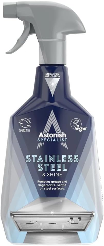 Astonish Specialist Stainless Steel Cleaner & Shine Spray, Clear Waters - Streak-Free Polished Finish for Fridge, Range Hood & Back Splash - Remove Grease & Watermarks, Vegan, Cruelty-Free, 750ml