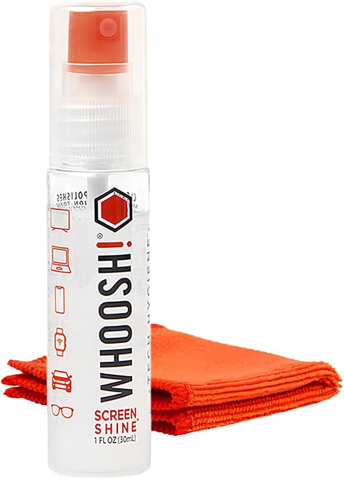 WHOOSH! Screen Shine Go - 1 fl oz Refillable Screen Cleaner Kit with Microfiber Cloth for MacBook, Phone, iPad & Eyeglasses - Powerful Streak-Free Cleaning - Pocket-Sized, TSA-Approved for Travel