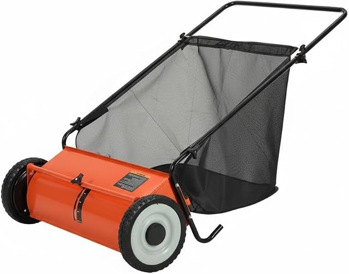 21-Inch Push Lawn Sweeper, 3.5 Cu. Ft. Hopper Capacity Leaf & Grass Collector with 4 Spinning Brushes, Adjustable Height, for Grass Clippings, Leaves & Debris, Orange
