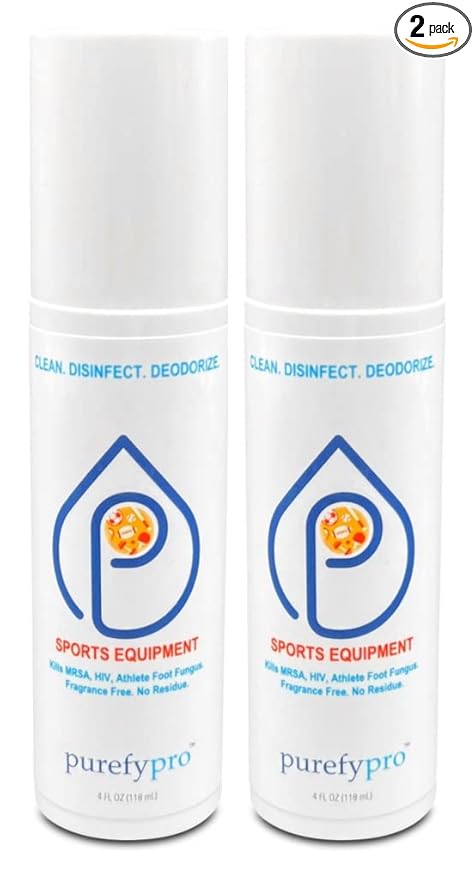 Purefypro Sports Equipment Disinfectant Spray - (4oz, 2pk) Kills 99.9999% MRSA, HIV, Athlete Foot Fungus, Virus and Fungi. No Rinse, No Residue. Sports Pads, Yoga Mats, Shoes, Boxing Gloves Euipment