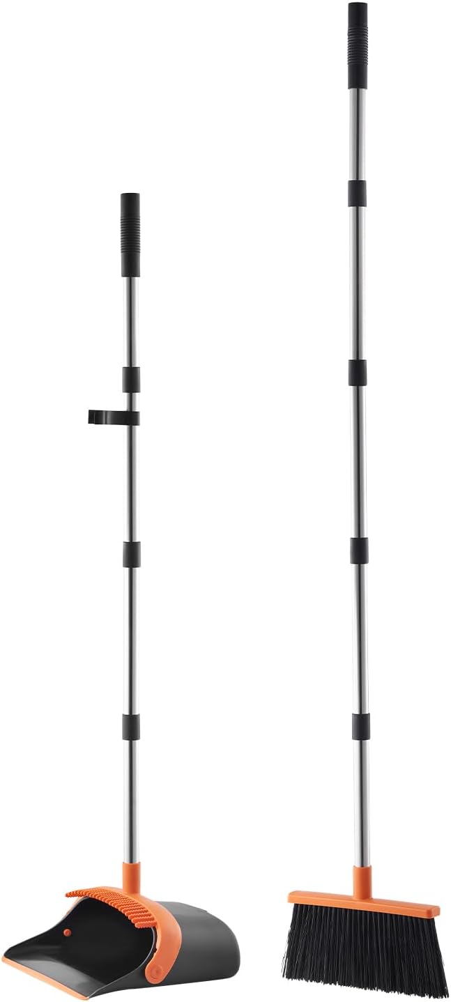 VEVOR Broom and Dustpan Set, Heavy Duty Dustpan and Broom Combo with Self-Cleaning Teeth, Metal Upright Standing Dust Pan with Long Handle, Ideal for Home, Restaurant, Office, Dorm, Black+Orange