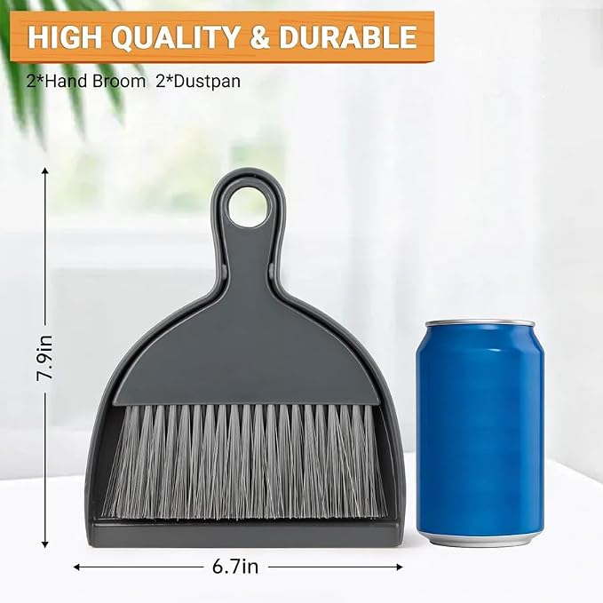 THINKLEARN 2PCS Small Dust Pan and Brush Set, Mini Broom Dustpan Kit | Portable Brush Dustpan Combo Set, Dark Gray Cleaning Supplies
