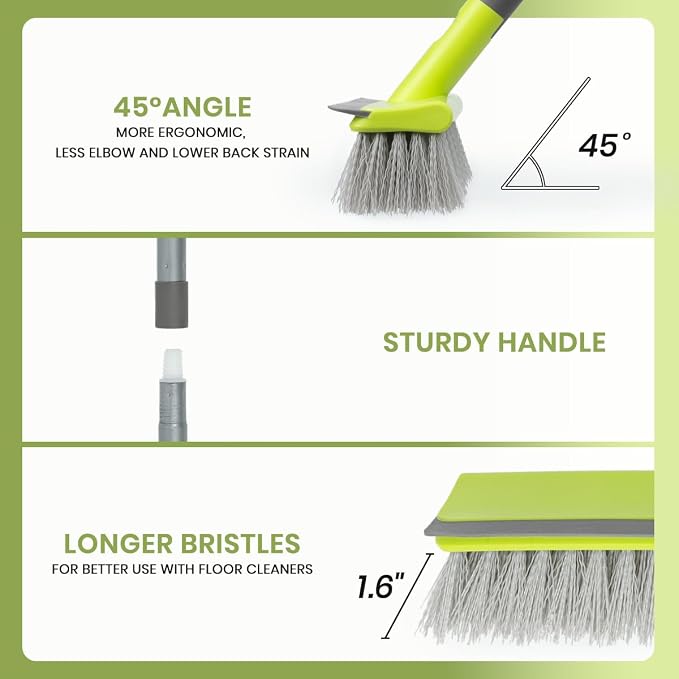 Floor Scrub Brush with 57" Long Handle, 2 in 1 Scrape and Deck Brush Floor Scrubber for Cleaning Smooth Concrete, Carpet, Patio, Kitchen Wall and Tile