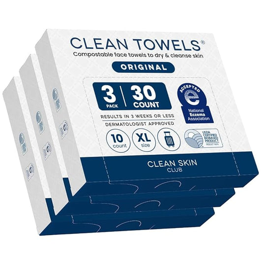 Clean Skin Club Clean Towels XL®, Travel Pack 100% USDA Biobased Disposable Face Towel, Eczema Association Accepted,Dry Wipes, TSA-Approved Travel Essential, 3 Packs, 30 ct Total