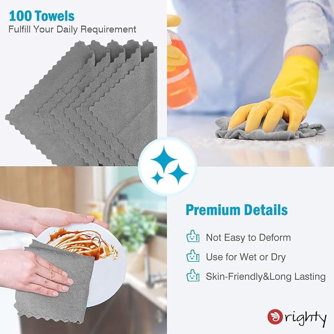 Orighty Microfiber Cleaning Cloth Bulk, 100 Pack, 11.5x11.5 inch, Grey | Microfiber Towels for Cars, Multi-Purpose Shop Towels, Soft Highly Absorbent Cleaning Rags for Car, Home, Kitchen