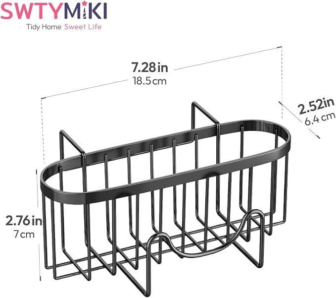 SWTYMIKI Sponge Holder for Kitchen Sink - Movable Kitchen Sink Caddy with M Shape Hook Stainless Steel Hanging Sponges Caddy Organizer in Double Bowl Sinks Depth>3.15in, Middle Divider<1.5in, Black L