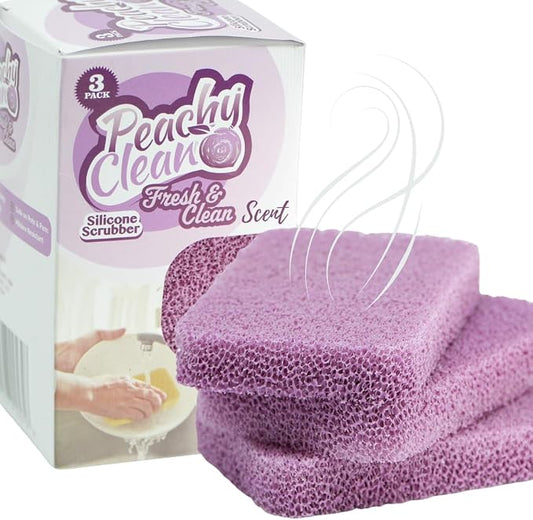 Peachy Clean Silicone Dish Sponge Scrubbers, Fresh & Clean Scent, Non-Scratch, Odor-Resistant, Durable Dish Sponges for Kitchen 3pk