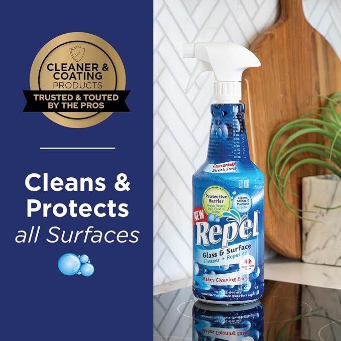 Clean-X New REPEL Glass and Surface Cleaner with Barrier Technology- 32 fl. oz. – 12 Pack Cleans and repels water and soil- Professional Cleaners by UNELKO Pro