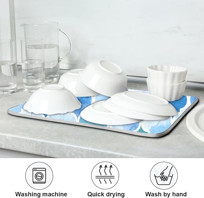 Super Absorbent Dish Drying Mat, Microfiber Fast-Drying Dish Mat, 24" x 18", Kitchen Dish Drying Pad, Watercolour Moroccan Background
