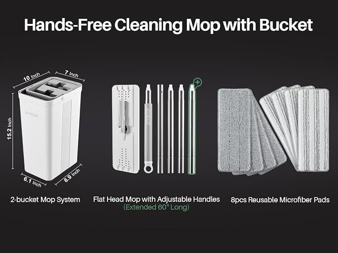 JOYMOOP Flat Mop System, Microfiber Mop and Bucket Set, White, Household & Commercial Floor Cleaning Mop with Long Handle, Wet Dry Use, Includes 8 Mop Pads