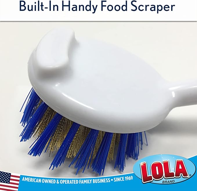LOLA Pro Pot N' Pan Brush, 6 Pack, Abrasive Cleaning, Poly & Brass Wire Bristles, Comfort Rubber Grip, Use for Caked-On & Baked-On Messes