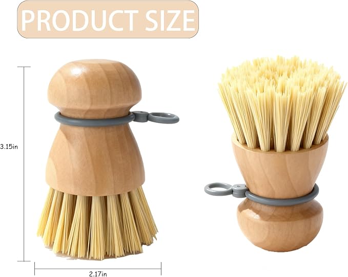 2 Pack Wooden Dish Brush with Soft Rubber Hanging Ring