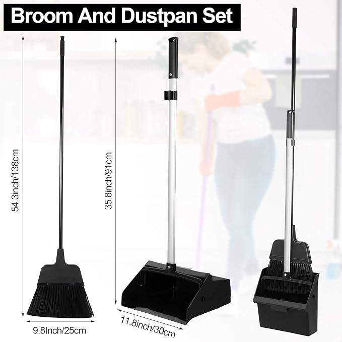 Mumufy 5 Set Lobby Dustpan with Broom Set Lobby Upright Dust Pan and Broom with Long Handle Heavy Duty Commercial Dustpan Combo for Restaurants Kitchen Office Home