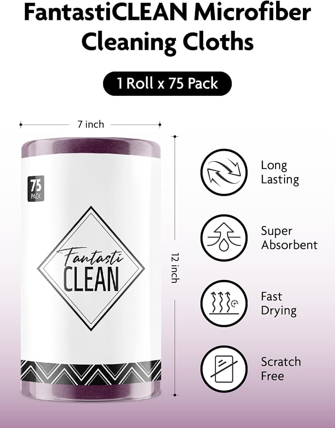 Fantasticlean Microfiber Cleaning Cloth Roll-75 Sheets, 12"x12"(DeepPurple) | Super Absorbent, Lint-free, Tear-away Microfiber Towel Roll, for All-Purpose Cleaning