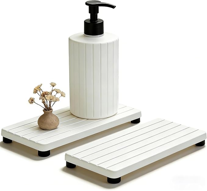 2PCS Stone Drying Tray, Water Absorbing Stone Tray for Sinks, Neat Diatomite Sink Trays, Fast Drying Kitchen Sponge Hand Soap Holder, Instant Dry Sink Coasters Used for Bathroom Counter -White