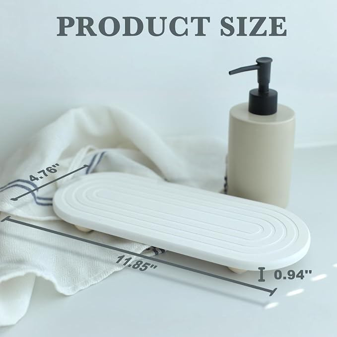 Instant Dry Sink Caddy Organizer – Water Absorbing Stone Tray for Kitchen Bathroom Countertop, Fast Drying Sink Caddy (with Wooden Feet and Natural Loofah, White)
